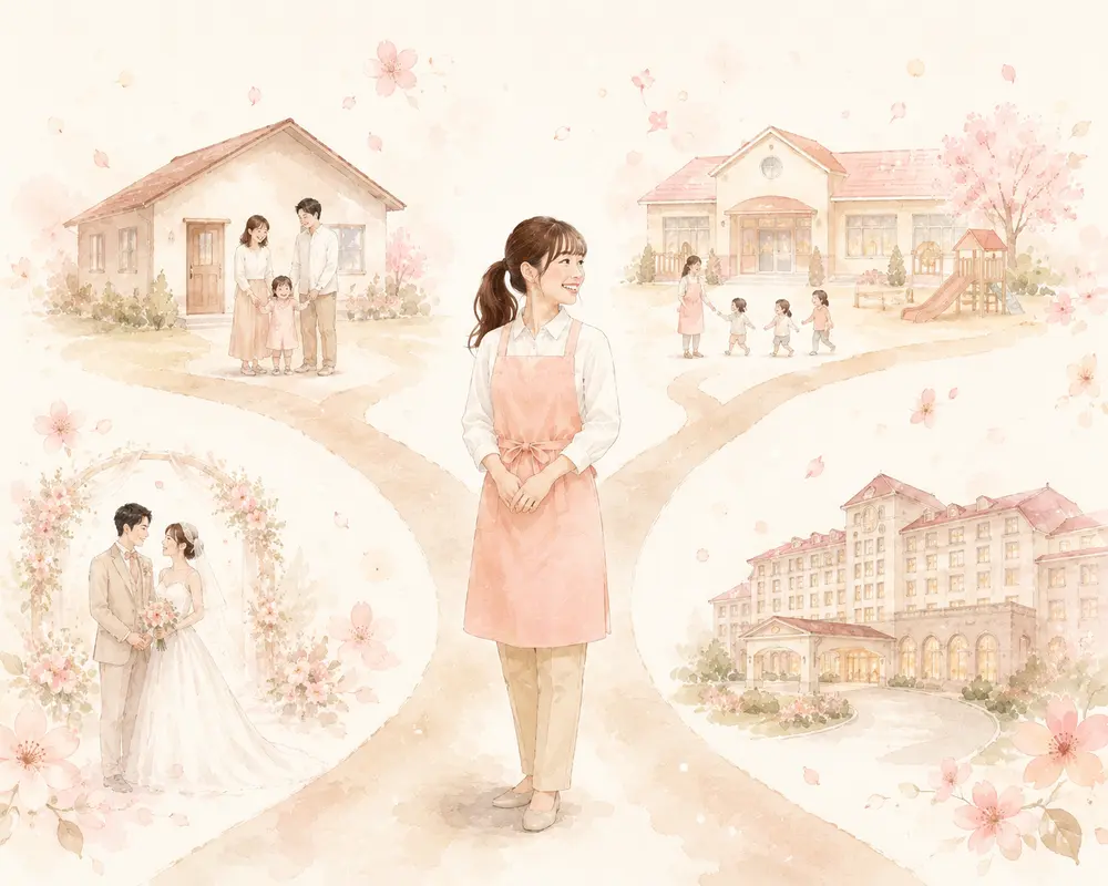 さまざまな働き方へ続く道に立つ女性保育士のイラスト
