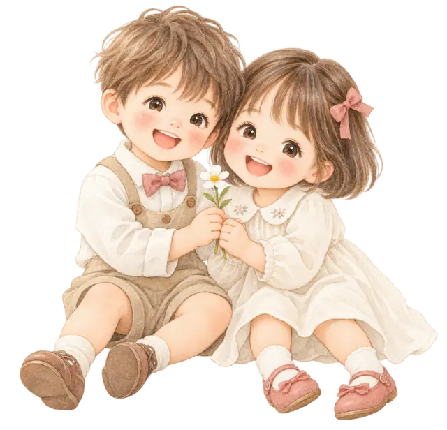 花を持つ男の子と女の子のイラスト