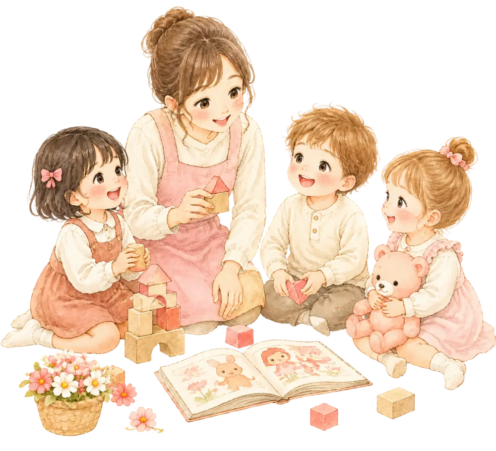 保育園で子どもたちと遊ぶ女性保育士のイラスト